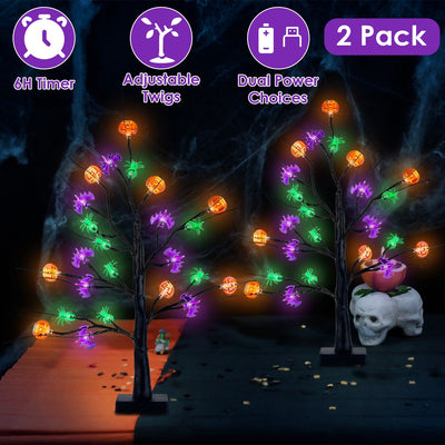 Set of 2 Lighted Halloween Trees  | LED Pumpkin, Bat & Spider Decor | Chic Tabletop Halloween Lights - Kamykart